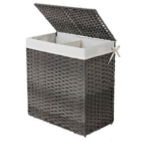 Grey PP Rattan 29-Gal Laundry Hamper Basket w/ 2-Compartment Washable Liner Bag