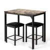 Modern 3-Piece Dining Set Brown Faux Marble Table-Top and 2 Black Chairs Stools