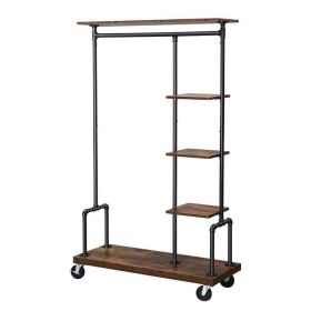 Industrial Metal Pipe Garment Rack with Wood Storage Shelves on Wheels