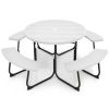 White Outdoor Metal and HDPE Picnic Table Bench Set with Umbrella Hole - Seats 8